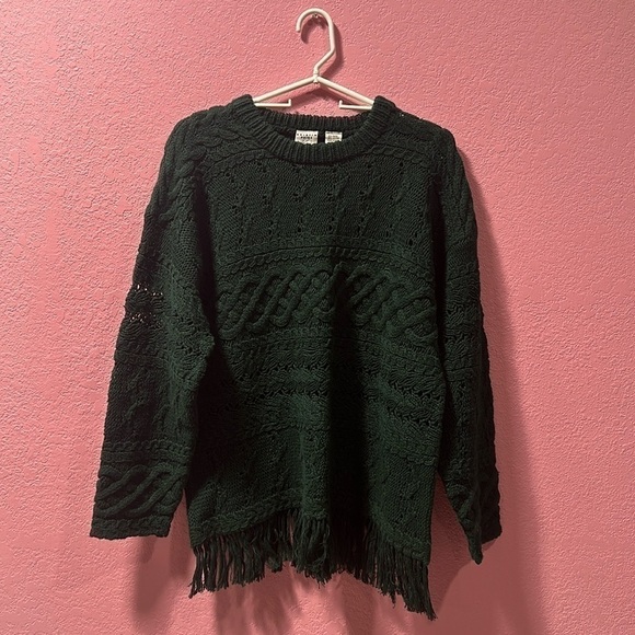 KRISTIN PAIGE Women’s Forest Green Vintage Tassel Knit Sweater Size L - Picture 1 of 5